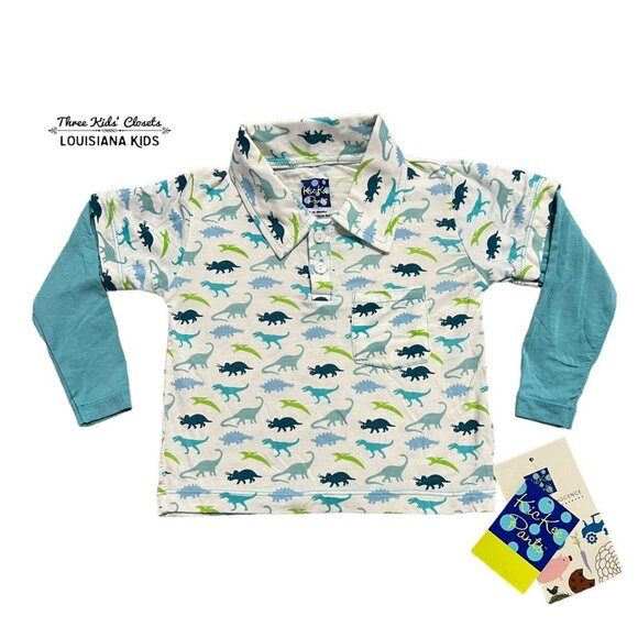 NEW Kickee Pants 12-18m Bamboo Dinosaur Dino Print Layered Polo Shirt - Picture 1 of 7